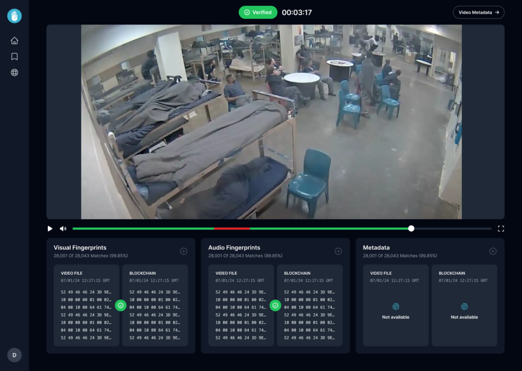 SWEAR Security interface showing video verification with blockchain-backed visual and audio fingerprints for tamper-proof authentication.