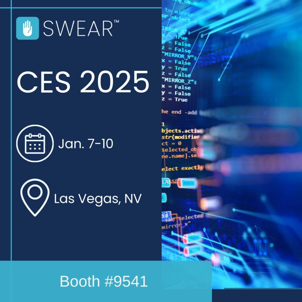 Promotional graphic for SWEAR Security at CES 2025, showcasing event details including dates (January 7–10) and location (Las Vegas, NV) with booth number #9541. The background features a futuristic digital design with code and data visuals.