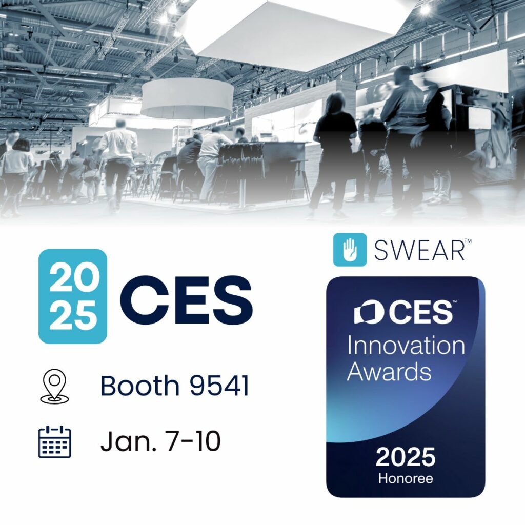 Promotional graphic for SWEAR Security at CES 2025, featuring booth number 9541 and event dates January 7–10. Includes a CES Innovation Awards 2025 Honoree badge and an image of a busy exhibition hall.