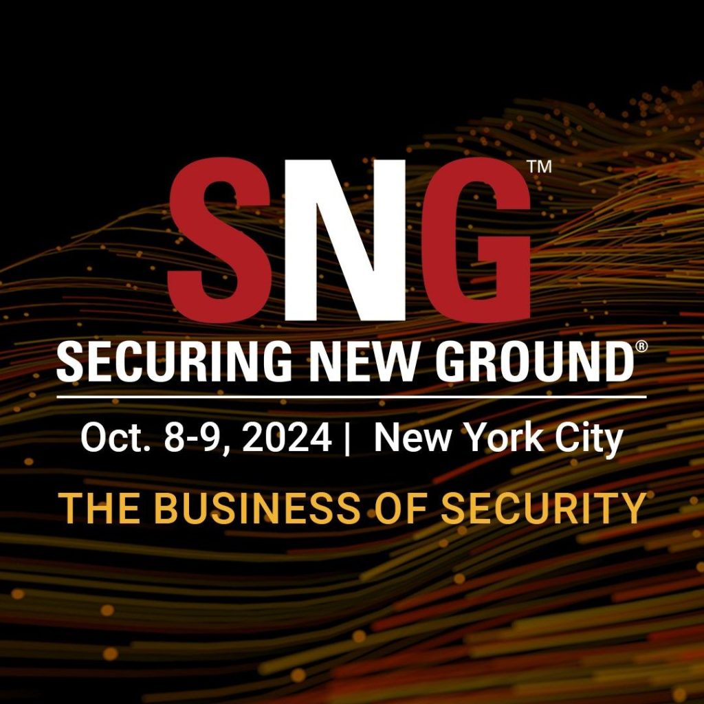 Securing New Ground (SNG) 2024 event graphic featuring the theme “The Business of Security,” held October 8-9, 2024, in New York City.