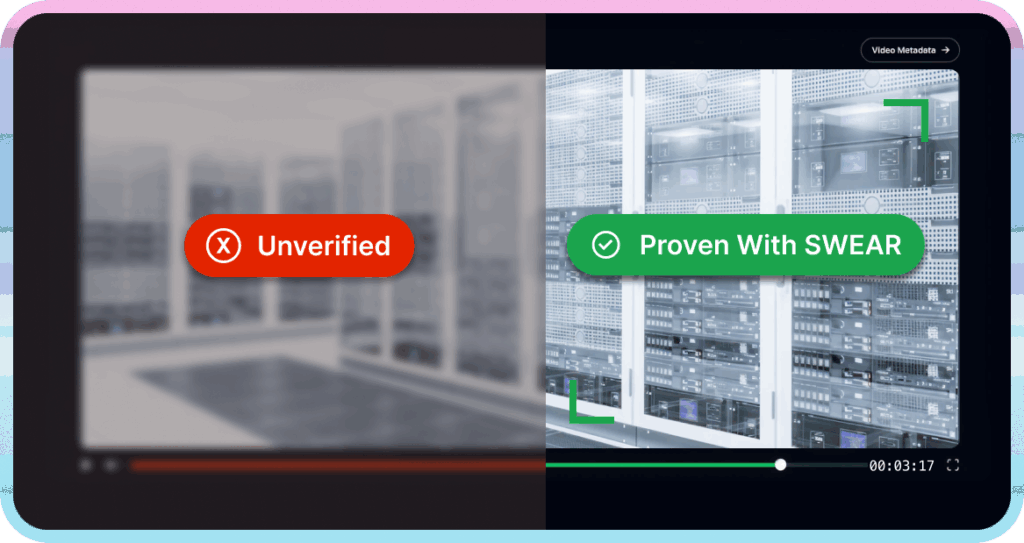 Split animation — left shows subtle splice + timestamp change “Unverified”; right shows "Proven with SWEAR" overlay with frame index highlight