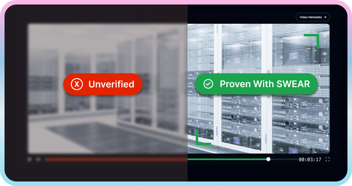 Split animation — left shows subtle splice + timestamp change “Unverified”; right shows "Proven with SWEAR" overlay with frame index highlight