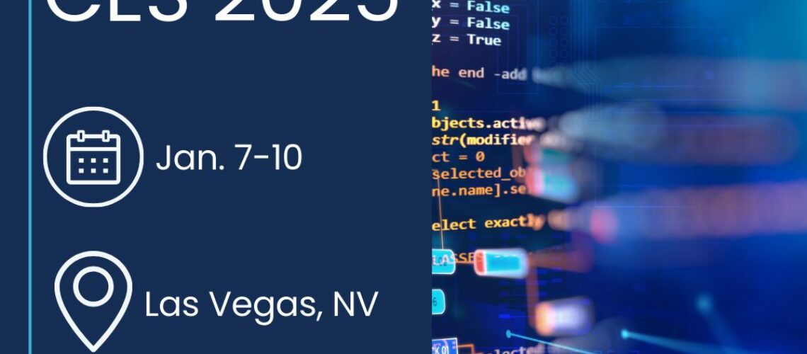 Promotional graphic for SWEAR Security at CES 2025, showcasing event details including dates (January 7–10) and location (Las Vegas, NV) with booth number #9541. The background features a futuristic digital design with code and data visuals.