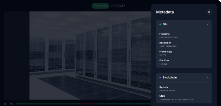 A screen from SWEAR Security showing video metadata details, including resolution, frame rate, file size, and blockchain verification for digital DNA tracking and content integrity.